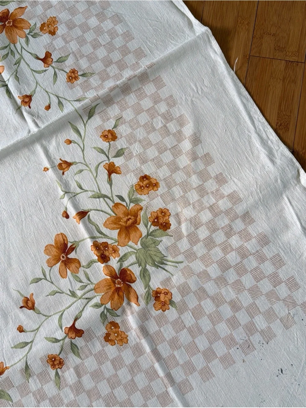 Vtg Square Tablecloth Off White Linen Subtle Checkered Border Orange Garland